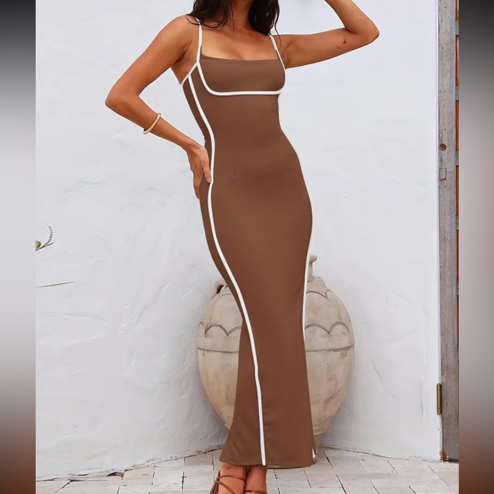 BRAND NEW- Size Medium, Khaki, Y2K Contrast Trim Spaghetti Strap Dress